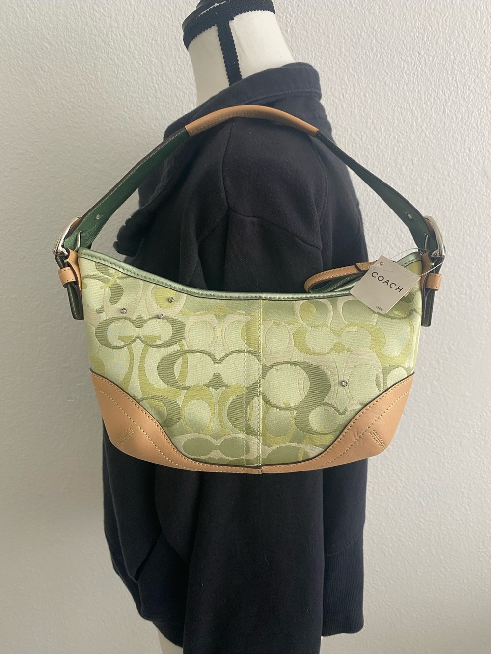 Coach Green Signature Canvas Shoulder Bag with Tan Leather Trim - Picture 5 of 12